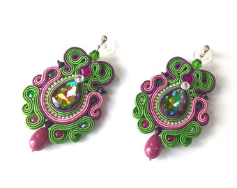 Multicolor Funky pendientes, Soutache, declaración joyas, moda aretes largos, verde violeta rosa pendientes, Multicolor