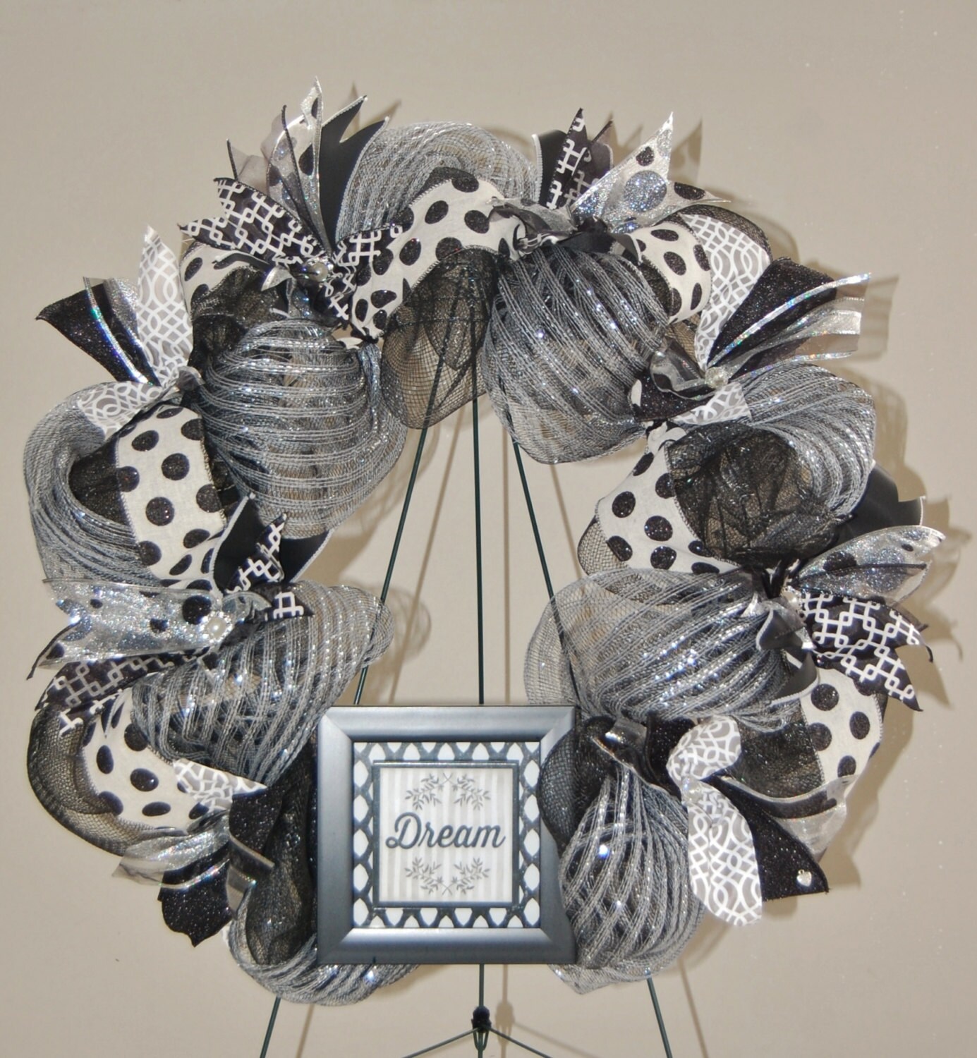 Black and Silver Deco Mesh Wreath by WrappedUpInWreaths on Etsy