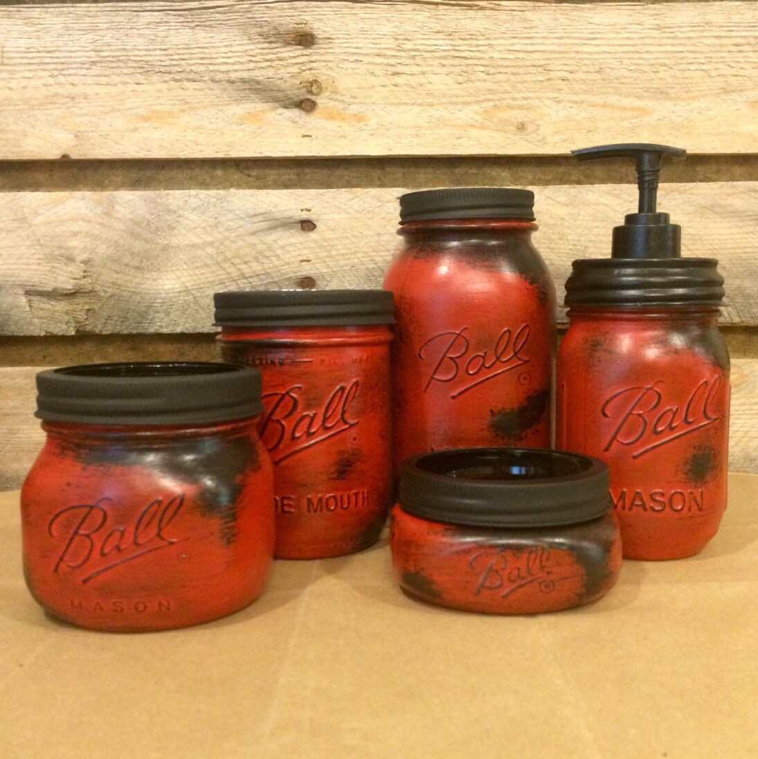 Red Mason Jar Bathroom Set Rustic Red Mason jars Mason Jar
