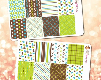 Set of 16 Retro Lime Green / Brown / Blue Patterned Full Box Planner Stickers