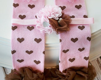 Pink Brown Baby Leg Warmers Girl, Baby Girl Leggings, Ruffle Leg Warmers, Infant Leg Warmer, Baby Photo Prop, Leg Warmer Set, Hearts