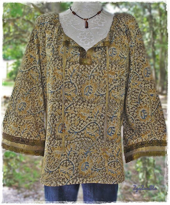 BOHO PEASANT BLOUSE Indian Kalamkari Block Print Cotton