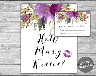 Floral Bridal Shower - How Many Kisses Are In The Jar - Printable - DIY - Instant Download - Purple and Gold Bridal Shower Game - 032