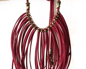 Boho necklace fringed suede DEEPRED STAR