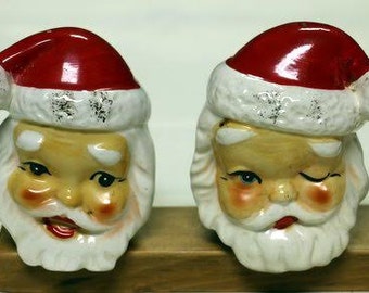 Vintage Santa Head Salt and Pepper, Made in Japan, Shelf Sitters, Circa 1950s