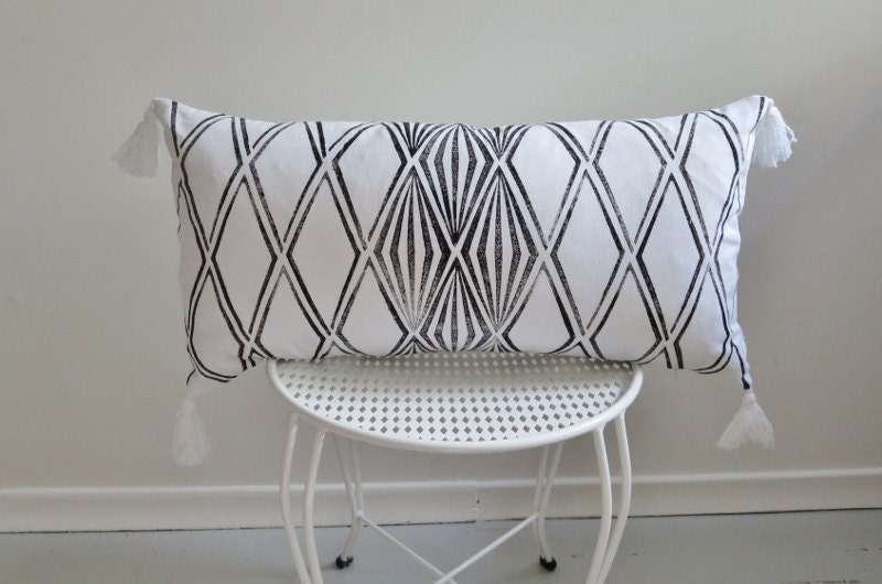 Throw Pillow Lumbar Tassels Black White Modern Boho