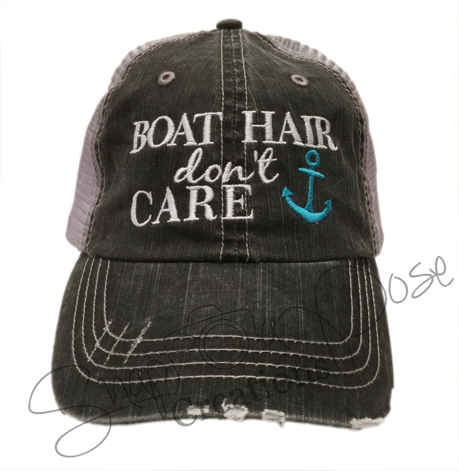 Boat Hair Don't Care Trucker Hat with Turquoise Anchor