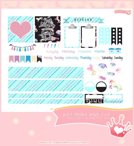 Rainbows & Unicorns | Printable Planner Stickers | Horizontal Happy Planner | Instant Digital Download with Silhouette file
