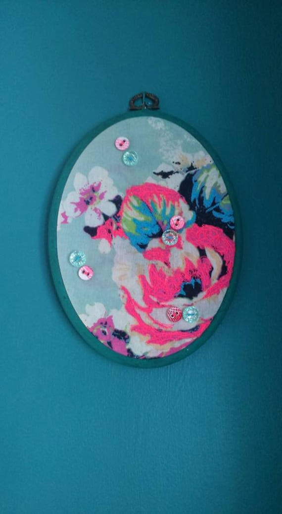 Items similar to Embroidered Wall Art, floral pattern with pretty button detail. on Etsy