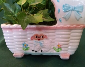 Vintage Music box, nursery planter, lamb baby planter, Rubens planter, baby nursery, nursery cradle, lamp planter, baby cradle planter, baby