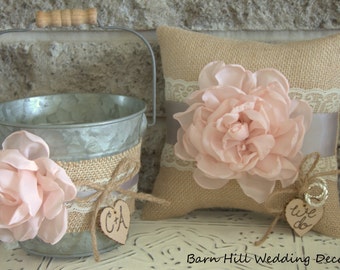 Ring Bearer Pillow, Flower Girl Basket, Rustic Wedding, Blush Pink, Burlap, Wedding Ring Pillow, Rustic