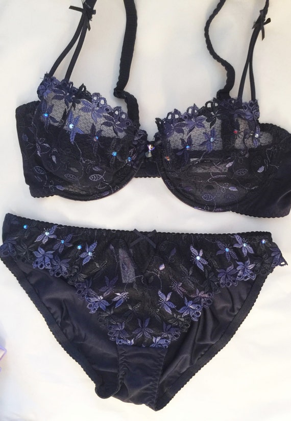 Navy Blue w/ Lace Swarovski Crystal Bra and Panties Set 36D