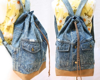 denim backpack acid wash repurposed jean jacket bucket drawstring bag vintage 80s 90s grunge backpack hipster laptop sleeve upcycle recycle