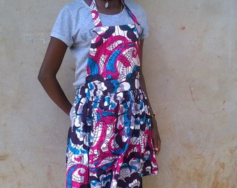 Pink and Blue Kitenge Apron, Ugandan African Fabric