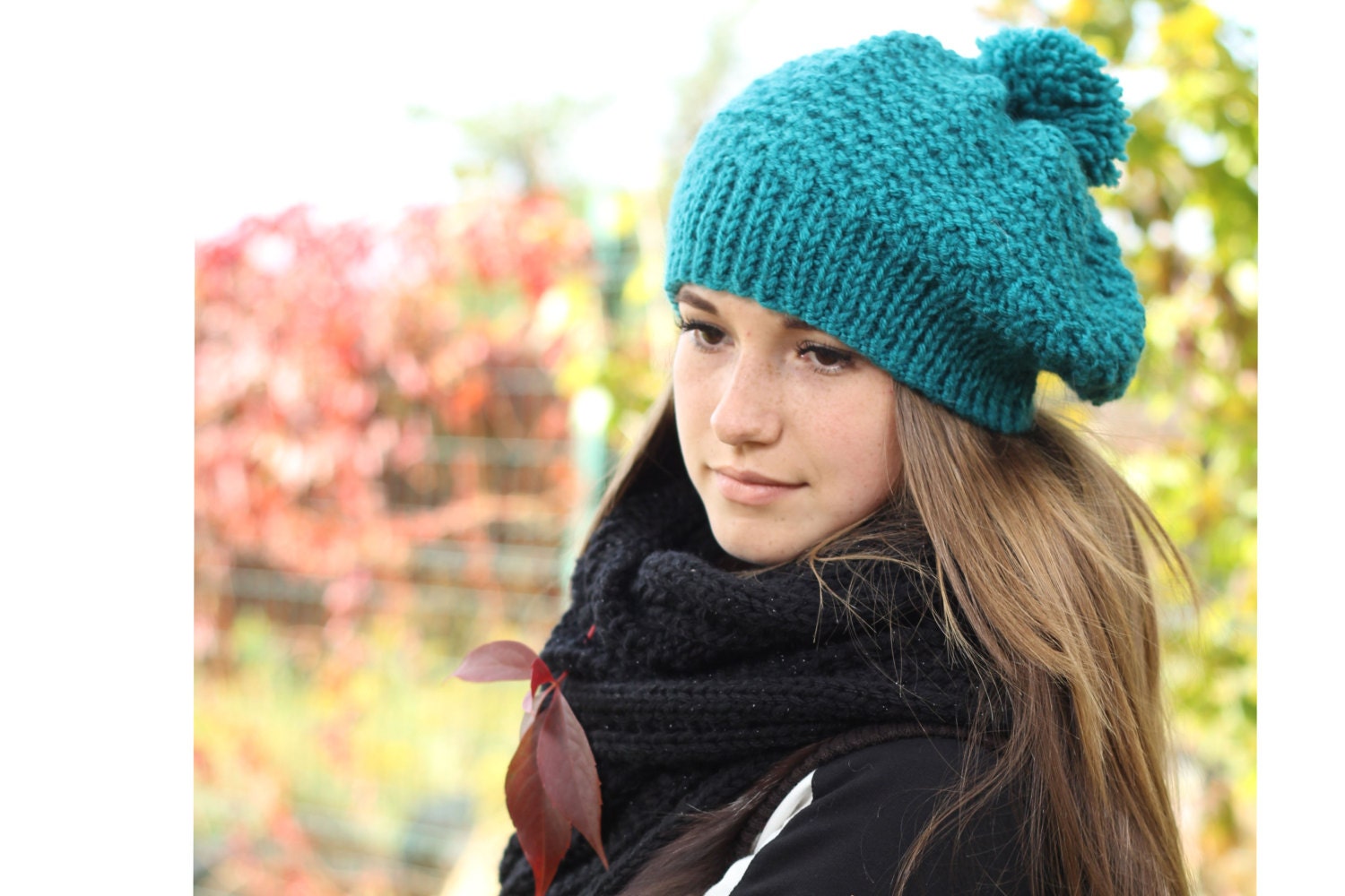 Green winter hat Hand knit hat Women hat Hat with pompom