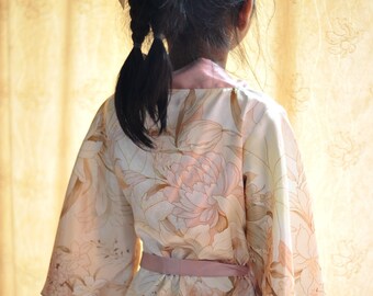 short kimono flower girl robe, rosegold satin robe,rose gold floral,peach blush lilly, shiny satin wedding dress, flower girls wedding dress