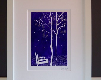 Purple linocut of Ercol chair with twin trees in beechwoods, Chiltern woods linoprint, purple original linocut, modernist chair image