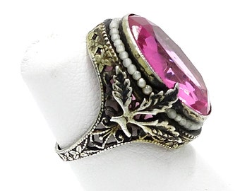 Gorgeous Art Deco Sterling Faux Seed Pearl Ring With Pink Stone
