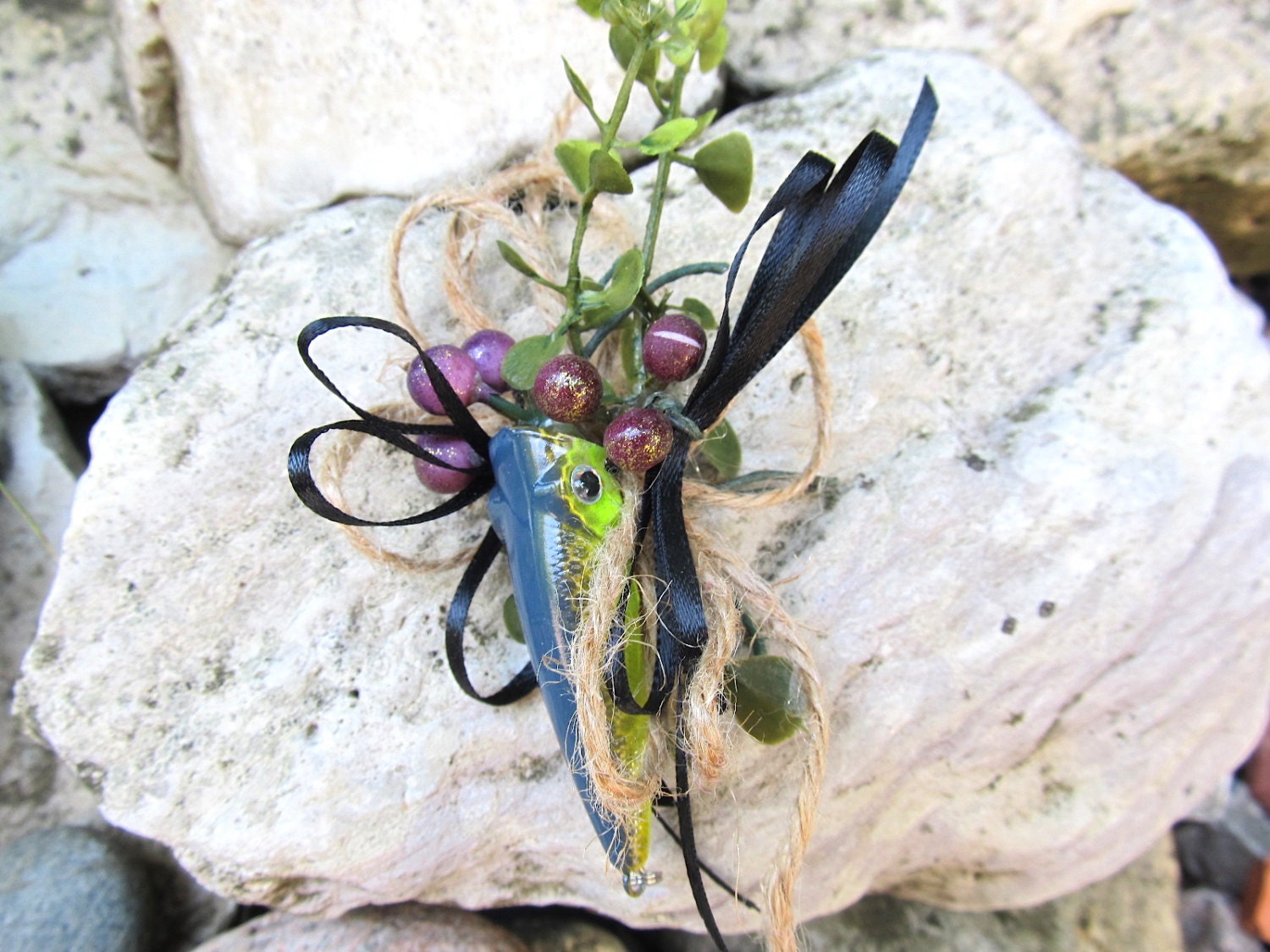 Fishing Lure Wedding Boutonniere. Sprig and Jute Boutonniere