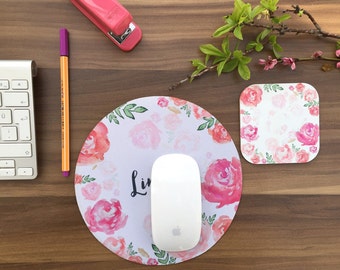 Personalized Mouse Pad, drink Coaster Watercolor Mouse Mat Wreath Mouse Pad Office Mousemat Rectangular Personalized Coaster Round T80997