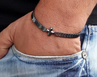 Men's Hematite Bracelet, Beaded Men Bracelet, Simple Men Bracelet, Men's Beaded Bracelet, Cross, Men's Bracelets, Beaded Men Bracelet 6mm