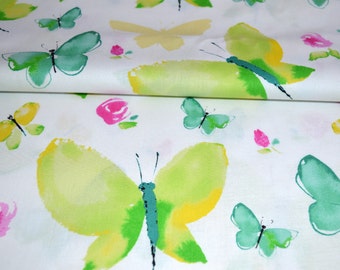 Watercolor Fabric, Colorful Butterflies Fabric, Pink and Green Cotton Fabric, Quilting Fabric, Apparel Fabric