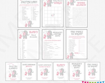 Pink grey baby girl elephant, baby shower games package, elephant baby shower girl, elephant baby shower printable, pink elephant, EL0005-lp