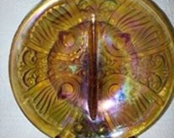 Indiana Glass Killarney Marigold Iridescent Carnival Glass Divided Relish Dish