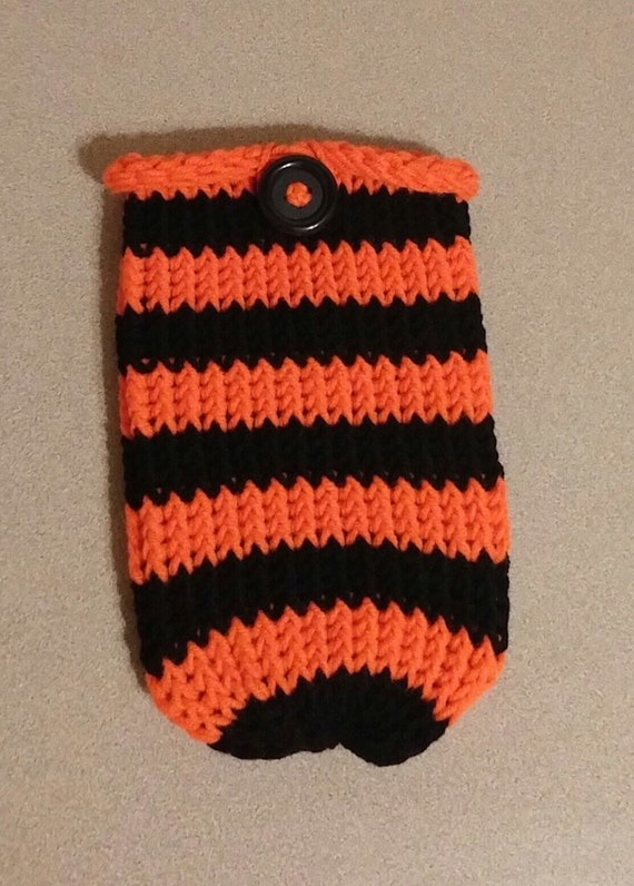 9" Tablet Carrier Striped in Black and Flame Acrylic yarn with a Button