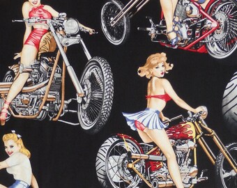 Alexander Henry Hot Wheels - American Bike Chopper Motorcycle Pin-Up Girl - Black - Per 1/2 metre - 100% Cotton