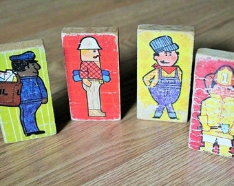 Antique Wooden Picture Blocks-Vintage picture blocks-Childrens Blocks-Fireman,Mailman,construction, and farmer-wooden toys