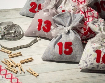 Advent calendar Christmas decor Gray red advent bags for gift Kids advent Xmas garland Christmas bags xmas calendar Bunting holiday gift bag