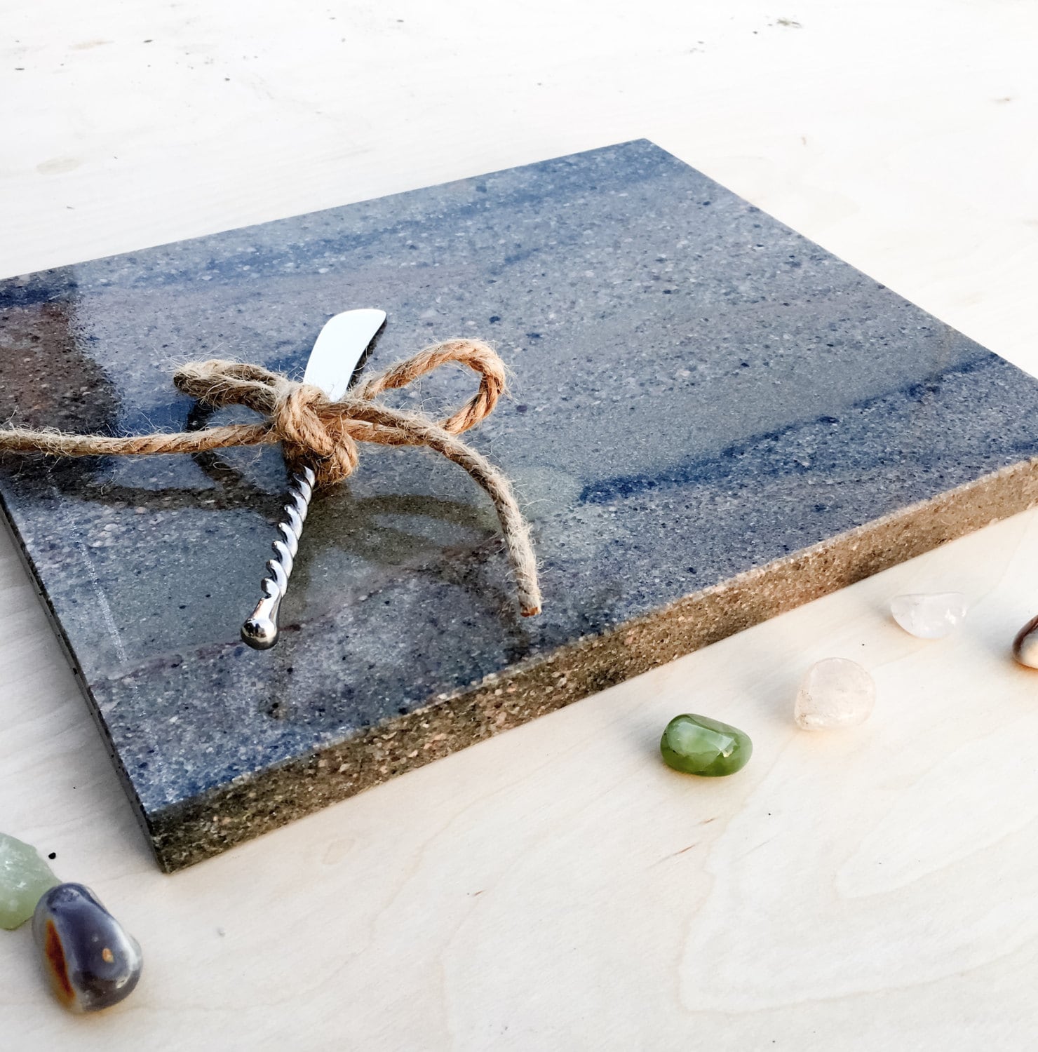 Striking Granite Cutting Board with Initialed Knife Cheese