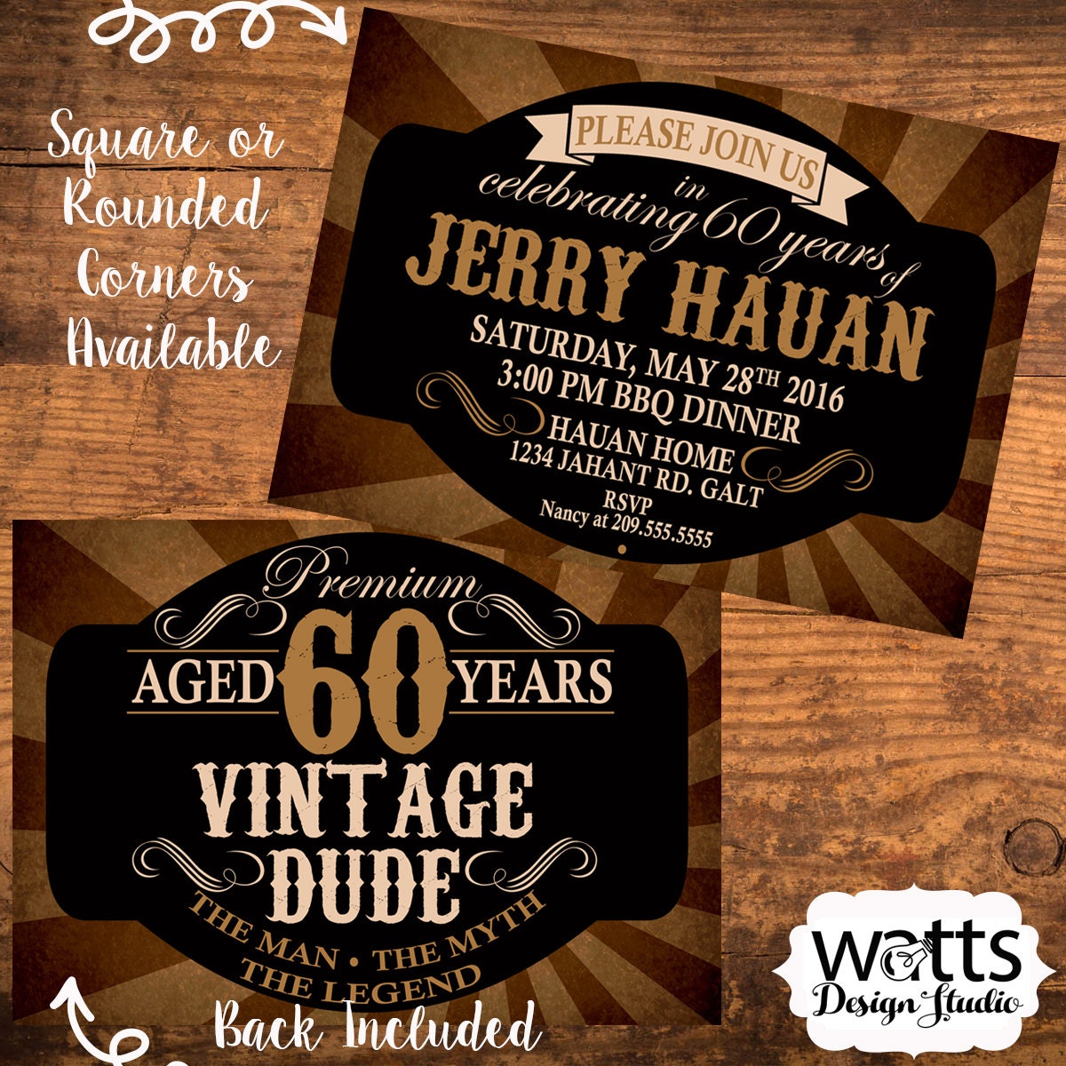 Vintage Dude Birthday Invitation 5x7. Customozid for Any Age.