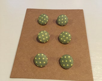 6 x Green & Small Yellow Polka Dot Fabric Covered Buttons 14mm