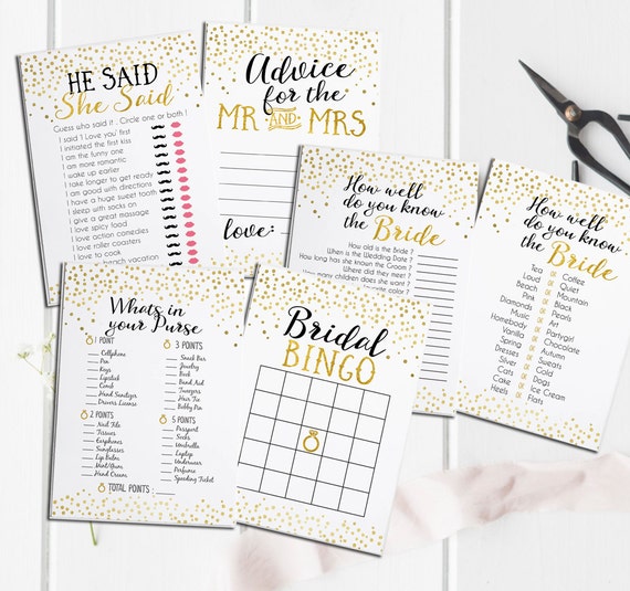 Bridal Shower Printable Games Package - Includes Advice Card - Instant Download - Gold Foil Bridal Shower Games Package Deal