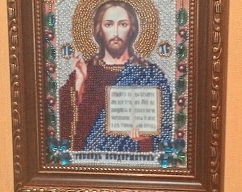 Hand made .Embroidered with Beads picture. Beaded icon" Иисус Христос"