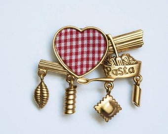Red Checkered and Gold Pasta Pin Magnet