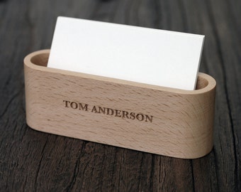 Wood Business Card Display, Unique Office Gift for Men, Desk Accessories, LWCS01