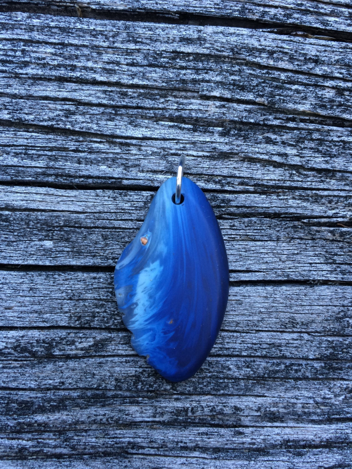 Blue iron ore slag glass necklace pendant