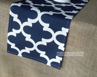 Navy Blue Table Runner Quatrefoil Lattice Moroccan Table Centerpiece Dining Kitchen Decor Nautical Linens