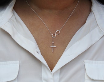 925 Sterling Silver cross necklace / Infinity Cross Lariat necklace / Infinity cross lariat Y necklace