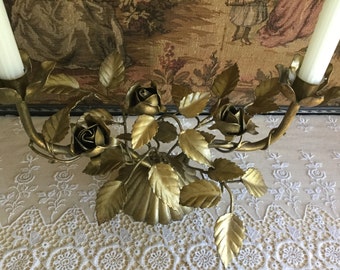 ANTIQUE ITALIAN TOLE Gilt Candelabra with Roses, tole florals sand leaves, made in Italy, fluted candle holder, tole candleholder