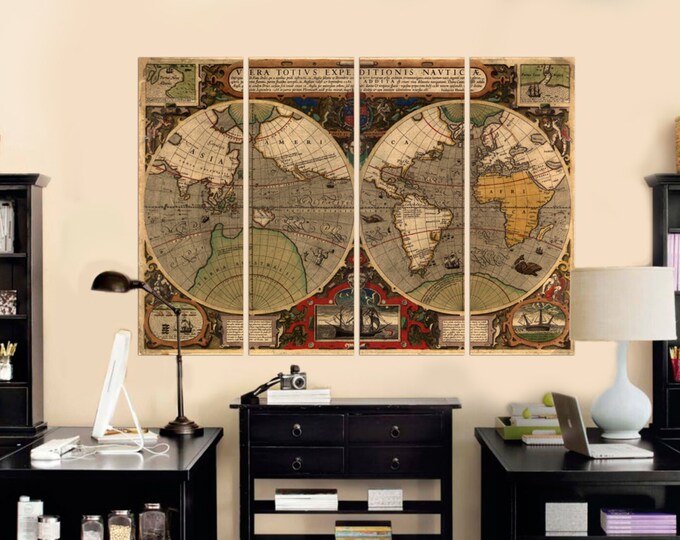 Large Vintage Expedition World Map, Antique Expedition Map / 1 - 5 Panels on Canvas Wall Art for Home & Office Decoration