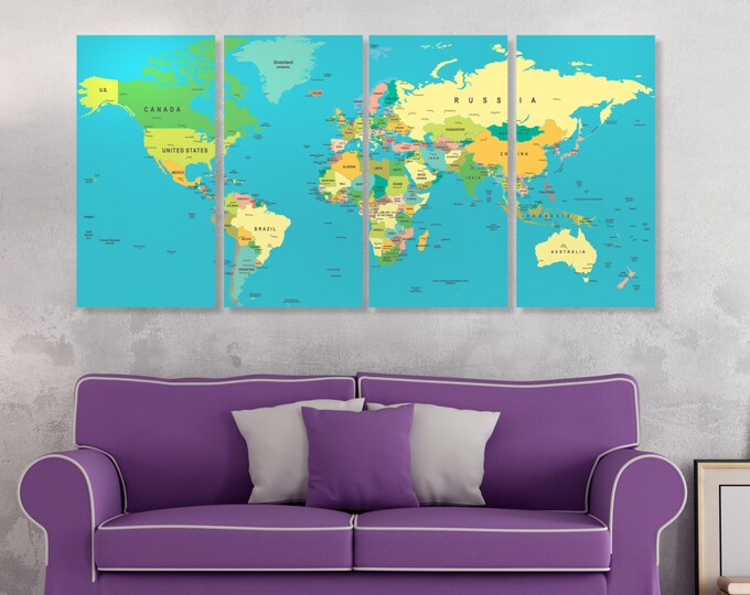 Large push pin world map with country names, travel map with pins, Multipanel world map