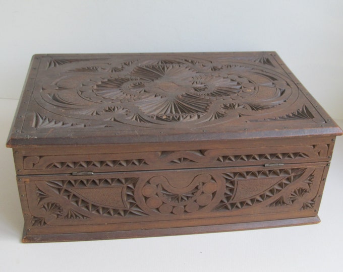Large wooden box, Dutch chip carved folk art sewing box, table top chest, trinket box, jewellery storage, recipe storage, stowage holdall