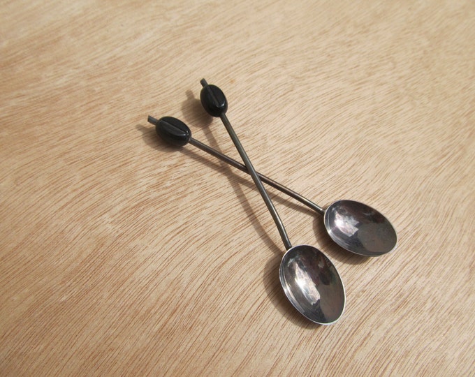 Sterling silver tea spoons, Art Deco era black coffee bean spoons, boxed set of 6, Christmas housewarming gift idea