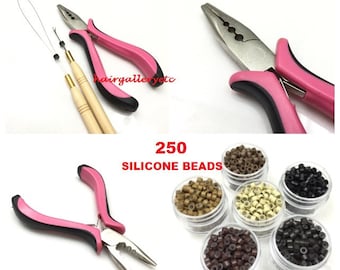 250 Silicone Micro Beads Feather Hair Extension Tool Kit Pliers Hook Loop USA