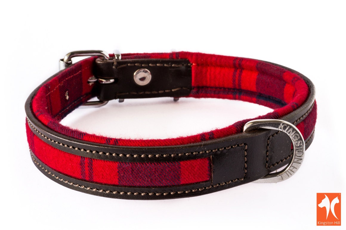 Kingston Red Tartan & Leather Dog Collar