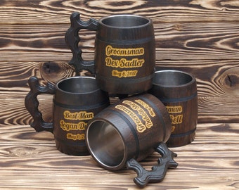 Groomsmen Gifts Set of 4 Wooden Beer Mugs Personalized Wooden Mugs Groomsman Beer Stain Gift for Usher Best Man Tankard Personalized Mugs